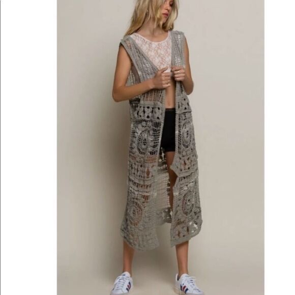 Open Crocheted Layering Maxi Duster Vest - Picture 4 of 7